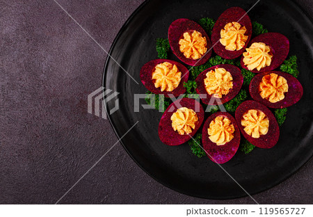 stuffed eggs, stained with beetroot juice, purple, pitaya powder, top view, top view, close-up, no people, 119565727