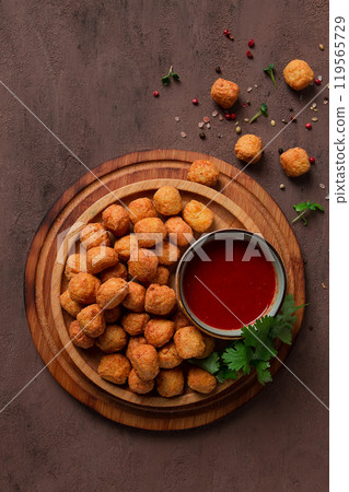 Chicken popcorn, deep fried, nuggets, close-up, rustic, no people, 119565729