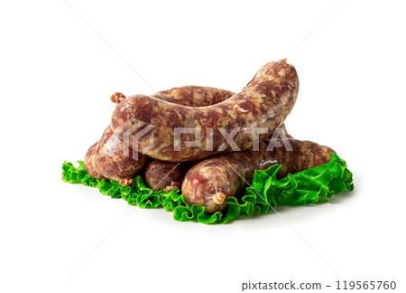 raw kupaty, traditional Georgian sausages, raw sausages, with spices and herbs, Georgian cuisine, on a white background, isolate, 119565760