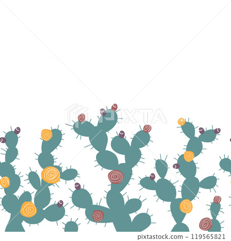 Cacti fence seamless pattern. Border with Opuntia cactus, doodle isolated illustration. Cartoon prickly pear plant with flowers and fruits, vector. Cacti fence seamless pattern. Border with Opuntia cactus, doodle isolated illustration. Cartoon prickly pear plant with flowers and fruits, vector. 119565821