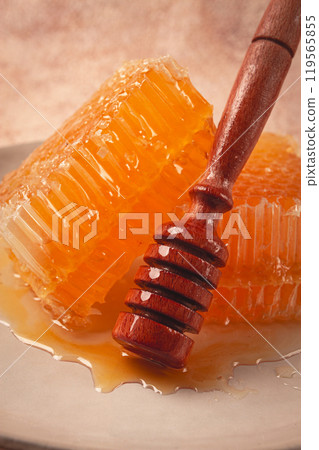 honeycomb, with a wooden spoon-spindle, on a plate, no people, 119565855