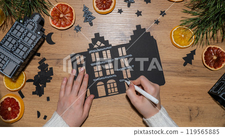 Christmas Gingerbread Paper black House Gift idea. Do it yourself instruction eco-friendly decoration. Zero waste Making handmade presents children's diy projects. Holiday family time 119565885