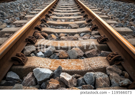 Close-up view Vintage railroad tracks over pebbles Generative AI Close-up view Vintage railroad tracks over pebbles Generative AI 119566073