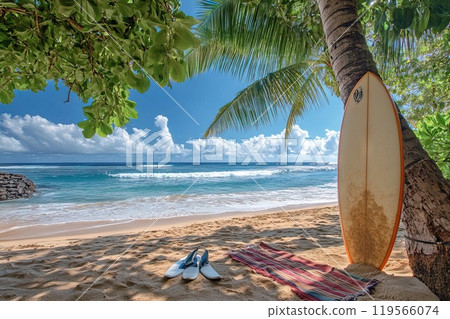Bright surfboard leaning against a palm tree on a sandy beach overlooking the sea 119566074