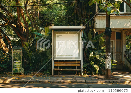 Mockup Photography of a Showcase a white bus stop poster with a green suburban background Generative AI 119566075