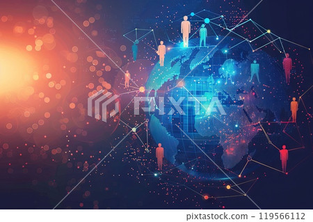 A modern World Population Day background with diverse people figures interconnected lines a globe and a digital abstract 119566112