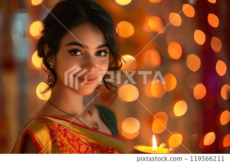 Woman smiling with a diya in her hand on the occasion of Diwali 119566211