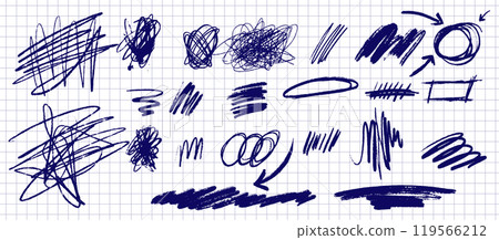 Vector set of hand drawn pencil and marker scribbles. Messy lines, arrows, and shapes with crayon textures. Grunge strokes, swirl elements, arrows Vector set of hand drawn pencil and marker scribbles. Messy lines, arrows, and shapes with crayon textures. Grunge strokes, swirl elements, arrows 119566212