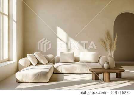 Cozy modern living room with a light color palette large windows natural light sunny space Cozy modern living room with a light color palette large windows natural light sunny space 119566271