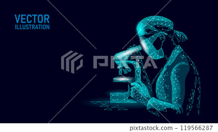 Woman doctor scientists with microscope. Safety medical mask virus microscope vaccine. Developing pandemic virus of bacteria treatment. Healthcare immunization research vector illustration Woman doctor scientists with microscope. Safety medical mask virus microscope vaccine. Developing pandemic virus of bacteria treatment. Healthcare immunization research vector illustration 119566287