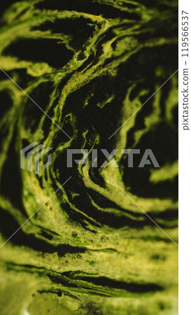 Fluid marble. Futuristic spill art. Defocused green black golden color paint pattern flow liquid ink drip shiny abstract background. 119566537