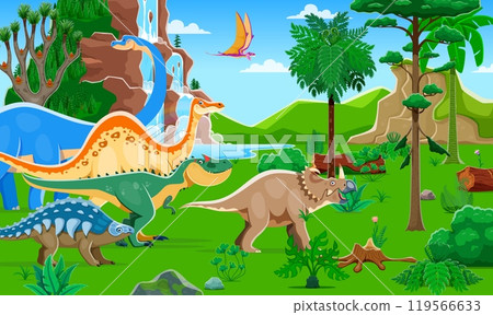 Prehistoric dinosaurs of Jurassic era on dino park landscape, vector background. Funny cartoon dinosaurs and prehistoric lizard characters in Jurassic jungle or forest for kids paleontology park 119566633