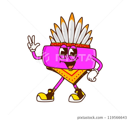 Cartoon groovy indian math minus sign character. Vector native american apache chief personage wears feathered hat and tribal attire, flashing peace sign, ready for educational adventure at Wild West 119566643