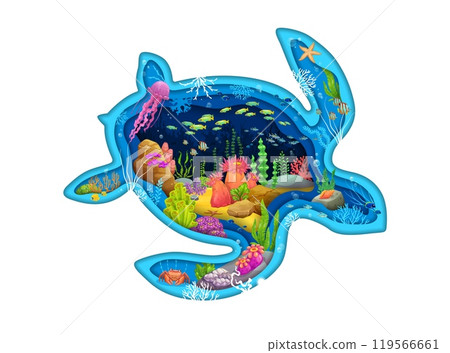 Paper cut turtle silhouette with underwater landscape of tropical reef vector background. Cartoon fish schools, jellyfish and starfish with seaweeds and bubbles in 3d paper cut marine turtle frame 119566661
