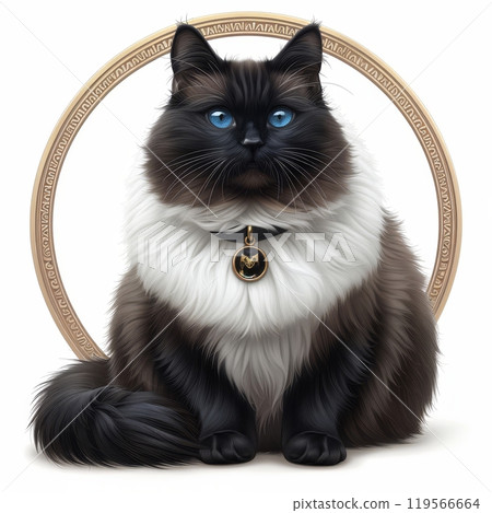 A fluffy cat with striking blue eyes sits gracefully in front of a decorative circular design, showcasing its luxurious black and white fur. The atmosphere is charming and inviting. A fluffy cat with striking blue eyes sits gracefully in front of a decorative circular design, showcasing its luxurious black and white fur. The atmosphere is charming and inviting. 119566664