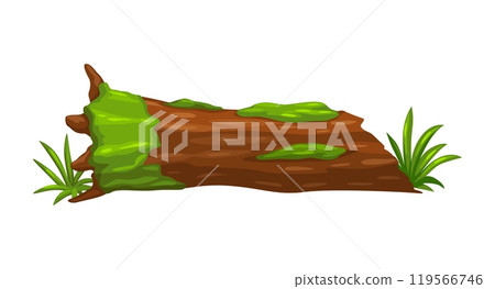 Tree trunk log for jungle landscape and prehistoric dinosaur era environment, vector cartoon game asset. Broken tree log or trunk stump with moss and grass for Jurassic dinosaurs arcade game asset 119566746