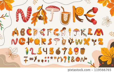 Cartoon fall autumn font, Thanksgiving type, autumnal funny alphabet letters and numbers of autumn leaves, mushrooms, raindrops. Vector typography alphabet characters font, thanksgiving pie and apples 119566765