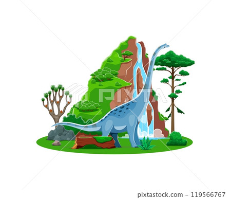 Titanosauria prehistoric dinosaur character. Isolated cartoon vector sauropod dino in lush landscape with trees, waterfall and rocks. Ancient Jurassic or Mesozoic world, natural habitat of dinosaurs 119566767