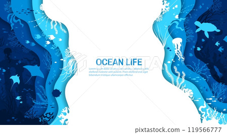 Paper cut underwater landscape, ocean life banner with fishes and sea animals, vector background. Undersea or underwater paper cut landscape with coral reef jellyfish, stingray and turtle with squid 119566777