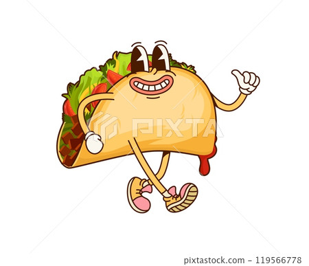Cartoon mexican fast food taco groovy character. Junk menu snack childish cartoon funky mascot, takeaway cafe taco or fast food restaurant meal cute vintage isolated vector groovy personage 119566778