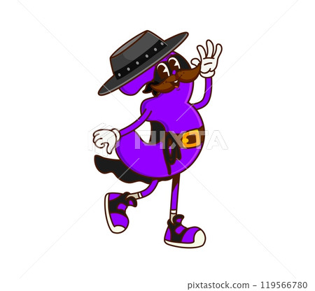 Cartoon groovy math number three cowboy and bandit character cheerfully walking with a numerical flair. Isolated vector adventurous, wild west criminal personage in black mask and cape ready to learn Cartoon groovy math number three cowboy and bandit character cheerfully walking with a numerical flair. Isolated vector adventurous, wild west criminal personage in black mask and cape ready to learn 119566780