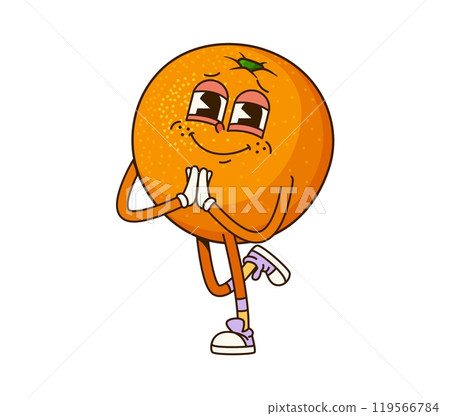 Cartoon retro groovy orange fruit character exuding sense of calmness and fun. Isolated vector ripe and cheerful tropical tangerine or mandarin citrus fruit retro personage in sneakers, clapping hands 119566784