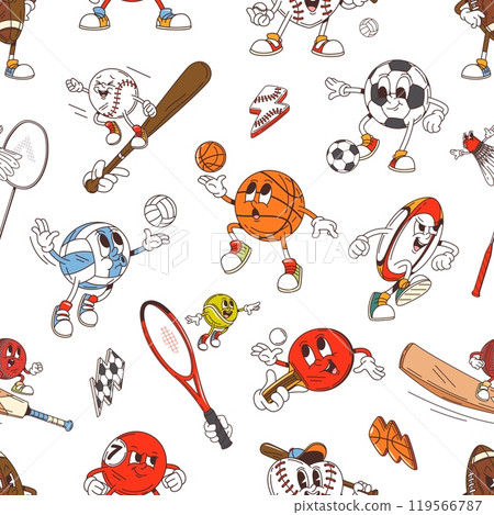 Retro groovy sport characters seamless pattern background, vector cartoon balls. Comic groovy sport characters pattern of funky volleyball and freaky baseball bat with rugby ball and badminton racket Retro groovy sport characters seamless pattern background, vector cartoon balls. Comic groovy sport characters pattern of funky volleyball and freaky baseball bat with rugby ball and badminton racket 119566787