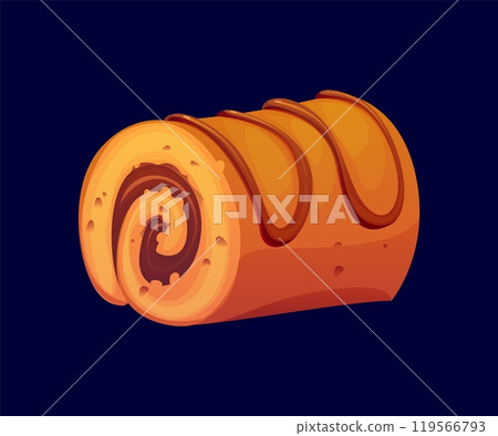 Cartoon Swiss roll confectionery and sweet pastry. Vector delightful dessert with a swirled chocolate filling and a golden-brown exterior. Freshly baked biscuit, soft and inviting sweet snack or treat Cartoon Swiss roll confectionery and sweet pastry. Vector delightful dessert with a swirled chocolate filling and a golden-brown exterior. Freshly baked biscuit, soft and inviting sweet snack or treat 119566793