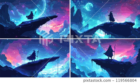 Wizard standing rock peak cartoon vector concepts. Robe cone hat sorcerer man magic scepter wooden staff back view character cliff night full moon forest valley landscape illustration 119566804