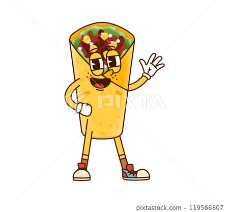 Groovy fast food shawarma character with a cheerful expression, wearing retro sneakers and waving hand. Isolated cartoon vector delicious roll with meat, personage for restaurants and children menu 119566807