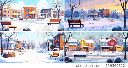 Winter city district cartoon vector concepts. Street wooden bench dwelling territory cottages asphalted road private area lane snow park modern house backyards landscape illustration 119566812