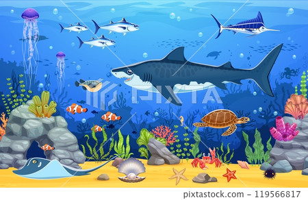 Game map underwater landscape with cartoon sea animals like a shark, fish shoals and turtle, tuna and jellyfish swimming between seaweeds. Vector wallpaper or background, game seafloor location level 119566817