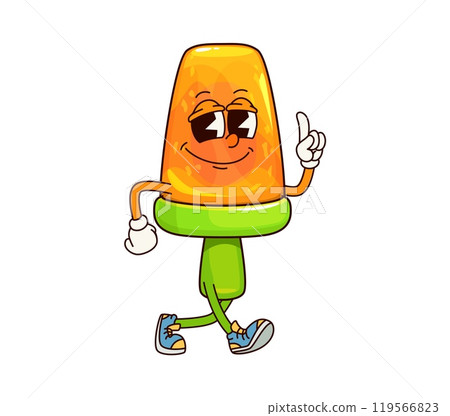 Ice cream groovy character, cartoon vector playful orange fruit popsicle personage wearing sneakers walking confidently with raised finger, exudes summer vibes. Retro funky, sweet food, treat, dessert Ice cream groovy character, cartoon vector playful orange fruit popsicle personage wearing sneakers walking confidently with raised finger, exudes summer vibes. Retro funky, sweet food, treat, dessert 119566823
