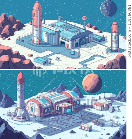 Spaceport isometric vector concepts. Missiles rocket hangar shuttle cosmodrome radars carriers space station launchpad research explore asteroid port galaxy depo isolated illustrations 119566861