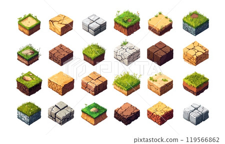Soil grounds samples isometric vector set. Earth cubes lawn arid sand desert cracks green grass clay stone geology land surfaces layers slices field parts elements, isolated on white background Soil grounds samples isometric vector set. Earth cubes lawn arid sand desert cracks green grass clay stone geology land surfaces layers slices field parts elements, isolated on white background 119566862