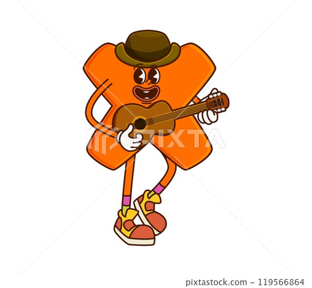 Cartoon groovy cowboy , and bandit multiplication math symbol character plucking tunes on a guitar. Isolated vector whimsical stockrider personage adds a numerical twist to the Wild West adventures 119566864