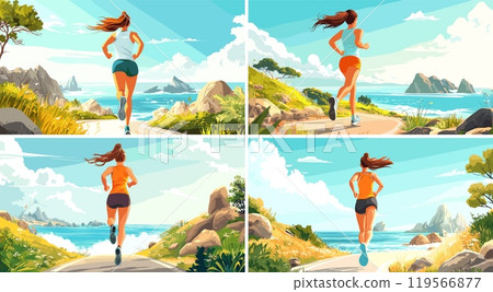 Running girl cartoon vector scenes. Woman jogging female marathon back view sport character workout sea ocean road coast shore mountains landscape isolated illustrations Running girl cartoon vector scenes. Woman jogging female marathon back view sport character workout sea ocean road coast shore mountains landscape isolated illustrations 119566877