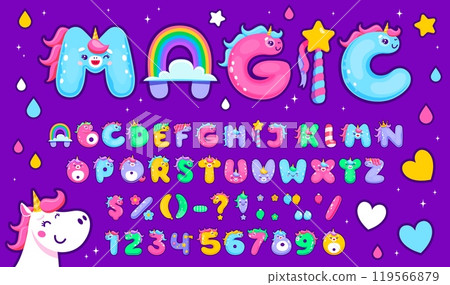 Cartoon cute unicorn font. Magic type, fairytale horse typeface alphabet letters and numbers. Fairy animal english abc characters vector font with unicorns, clouds and rainbow, magic wand and candies 119566879