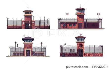 Prison cartoon vector concepts. Watchtower red brick walls jails metal barbed fence wire gate grating isolated guarded security camp, penitentiary prisoners buildings illustrations 119566895