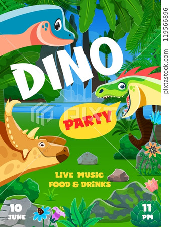 Funny dinosaurs on kids dino party flyer for entertainment event, vector background. Kids dino party invitation flyer or festival and family picnic, cartoon poster with Jurassic dinosaur characters Funny dinosaurs on kids dino party flyer for entertainment event, vector background. Kids dino party invitation flyer or festival and family picnic, cartoon poster with Jurassic dinosaur characters 119566896