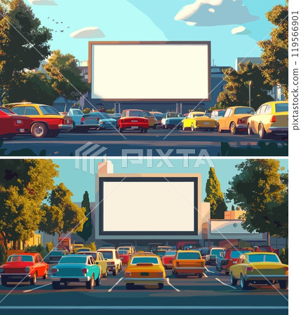 Parked cars drive movie theater cartoon vector scenes. Big blank cinema screen, back view automobiles backyard open air film projector display entertainment urban spot place landscape concepts 119566901