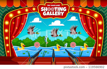 Hunting ducks, carnival shoot game, shooting range or gallery booth with targets and guns. Vector amusement park, carnival or funfair shoot game with cartoon ducks in frame of circus arena, curtains Hunting ducks, carnival shoot game, shooting range or gallery booth with targets and guns. Vector amusement park, carnival or funfair shoot game with cartoon ducks in frame of circus arena, curtains 119566902