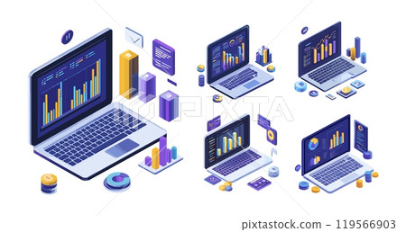 Notebook analytics research isometric vector concepts. Laptop graphic bars diagrams chart graphs columns data business indicators, enterprise financial statistic strategy analysis isolated scenes 119566903