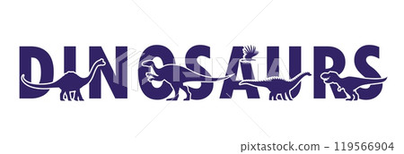 Prehistoric dinosaur characters silhouettes of dino animals and bird. Vector banner with tyrannosaurus rex and pelorosaurus, kotasaurus, aralosaurus and argentavis blue silhouettes, dinosaur lettering 119566904