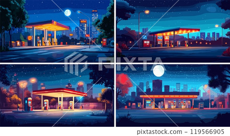 Night petrol station cartoon concepts. City glowing refilling fuel terminal mini market, lights trees buildings dusk street road midnight moonlight cityscape, empty gas depo vector illustrations 119566905