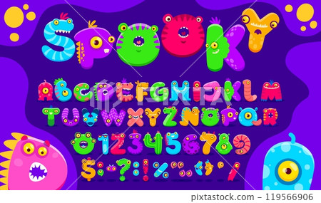 Cartoon monster font, funny scarecrow type, bugaboo typeface, bogle alphabet vector typography. Cute letters and numbers font with Halloween alien, fantasy dragon animal and germ monster characters 119566906