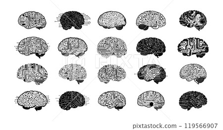 Neural electronic cyber brain black ink sketch icons vector set. Circuits human organ processor ai cpu hardware chip semiconductors microchip pc technology mind tech intellect isolated concepts 119566907