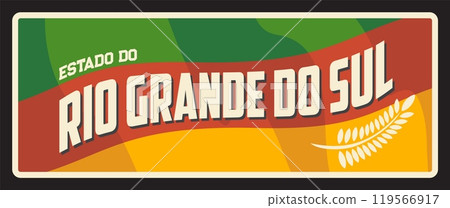 Estado de brazil Rio Grande do Sul travel plate of Brazilian district and state, vector. Estado metal plaque with city tagline, flag and landmark. Porto Alegre capital, south region of brazil state Estado de brazil Rio Grande do Sul travel plate of Brazilian district and state, vector. Estado metal plaque with city tagline, flag and landmark. Porto Alegre capital, south region of brazil state 119566917