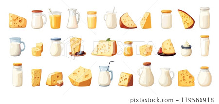 Milk products cartoon vector set. Jars cheese glass bottles dairy yogurt butter cream containers packages natural organic meal healthy food illustration isolated on white background Milk products cartoon vector set. Jars cheese glass bottles dairy yogurt butter cream containers packages natural organic meal healthy food illustration isolated on white background 119566918
