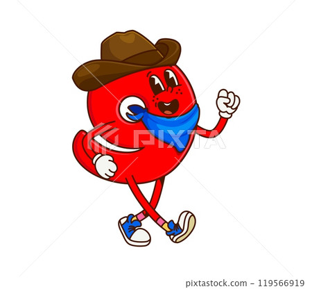Cartoon groovy math number nine cowboy and bandit character. Isolated vector cowpuncher 9 digit personage with a hat, showcasing playful fusion of numerical and Wild West educational retro funky vibes Cartoon groovy math number nine cowboy and bandit character. Isolated vector cowpuncher 9 digit personage with a hat, showcasing playful fusion of numerical and Wild West educational retro funky vibes 119566919